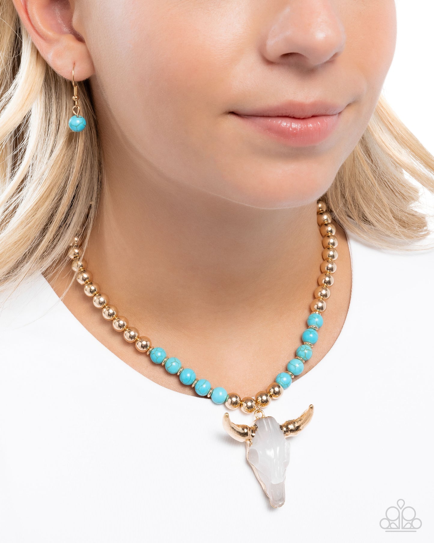 Timeless Texan - Blue Crackle Stone Gold Longhorn Skull Necklace - Paparazzi Accessories