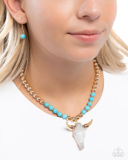 Timeless Texan - Blue Crackle Stone Gold Longhorn Skull Necklace - Paparazzi Accessories