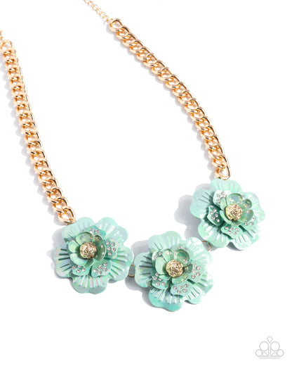 Gala Genre - Green Painted Flowers Gold Necklace - Paparazzi Accessories