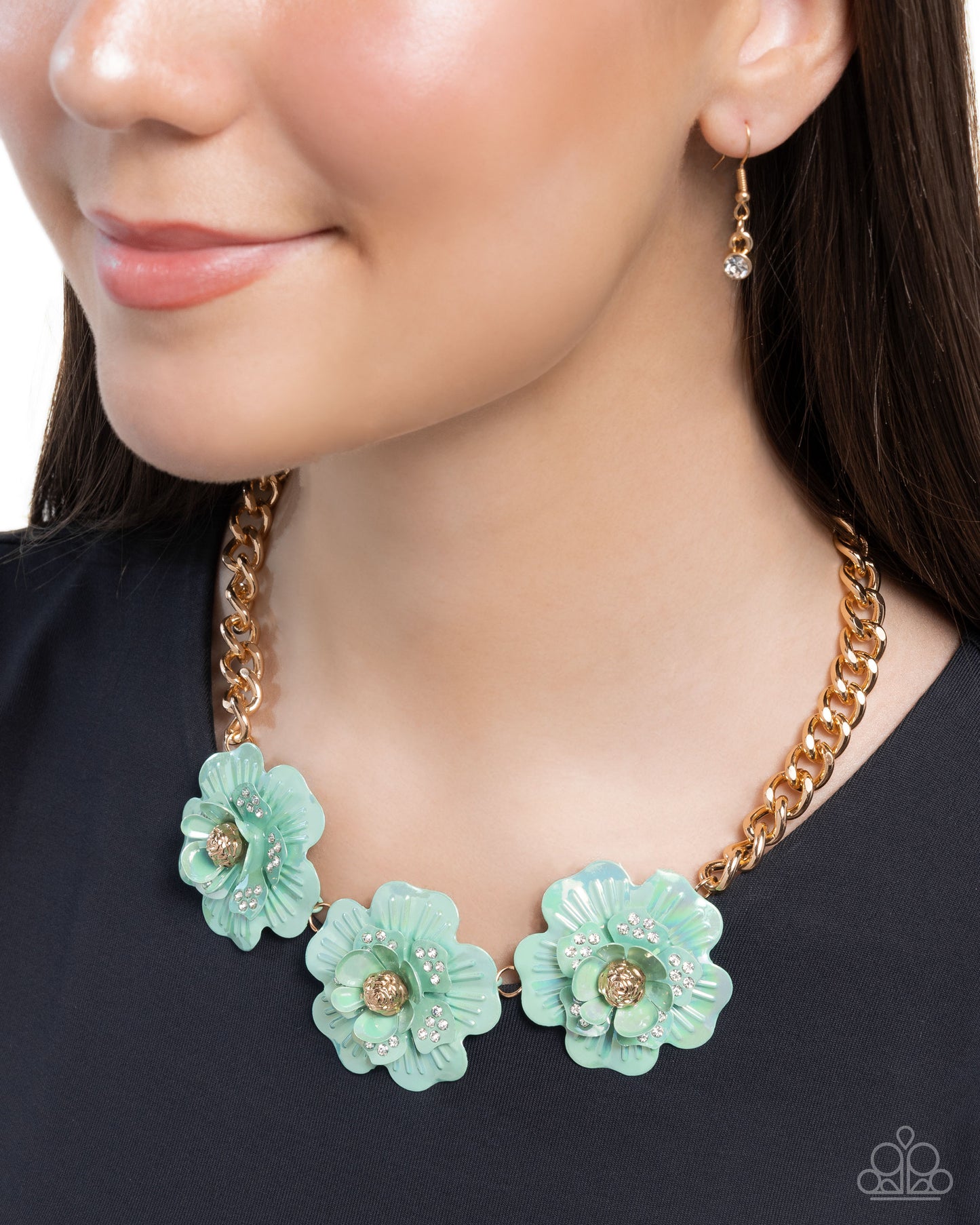 Gala Genre - Green Painted Flowers Gold Necklace - Paparazzi Accessories
