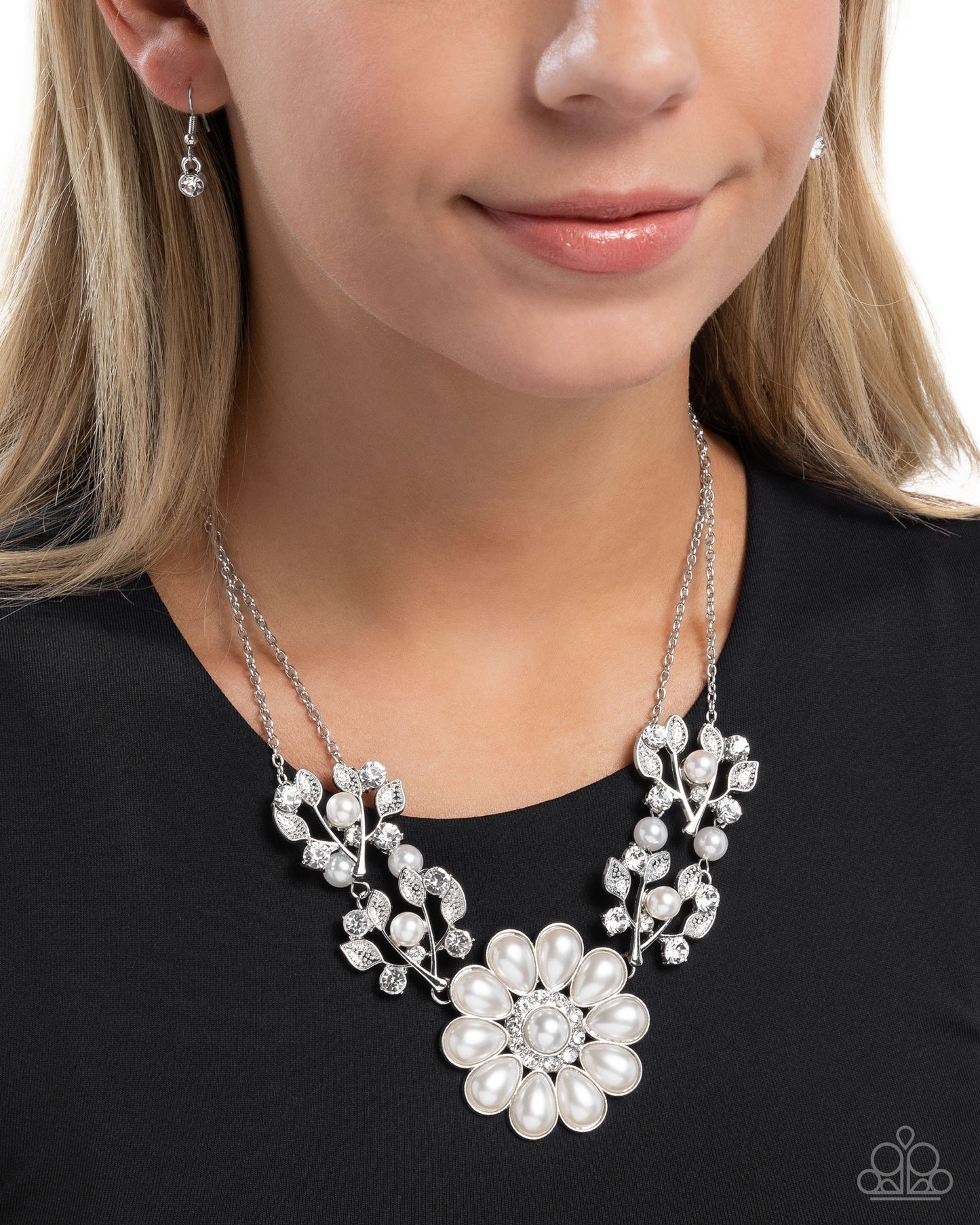 Sprouting Shimmer - White Rhinestone & Pearl Necklace - Paparazzi Accessories
