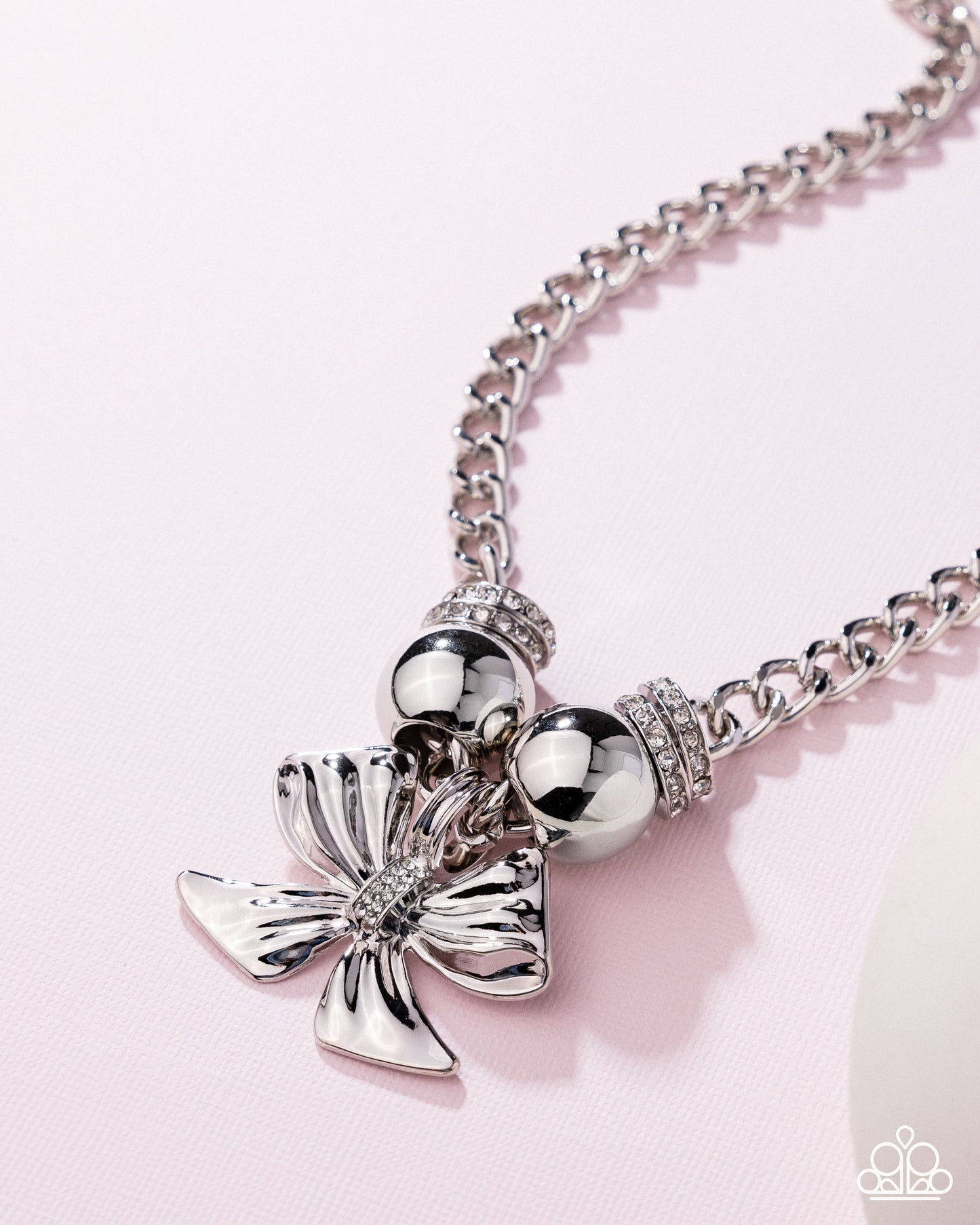 Big Deal Bow - White Rhinestone Silver Bow Necklace - Paparazzi Accessories
