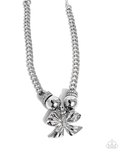 Big Deal Bow - White Rhinestone Silver Bow Necklace - Paparazzi Accessories