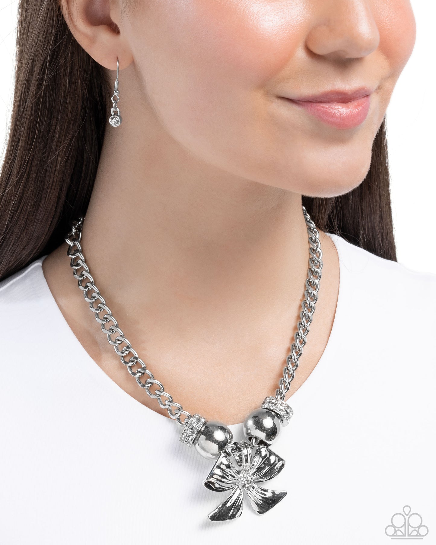 Big Deal Bow - White Rhinestone Silver Bow Necklace - Paparazzi Accessories