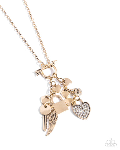Valentines Venture - Gold Angel Wing, Heart Padlock, Cupid's Arrow Toggle Necklace - Paparazzi Accessories