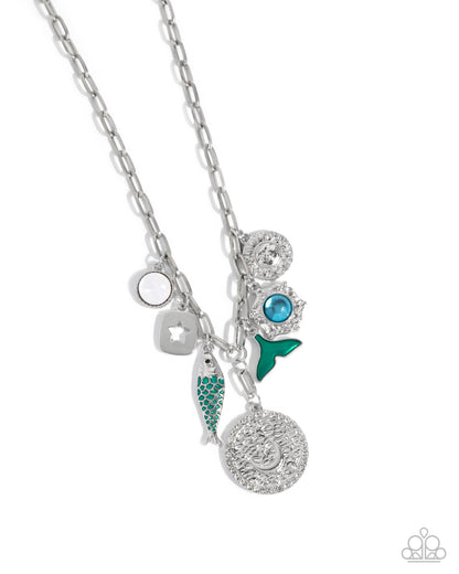 Mismatched Mystery - Green Charms Silver Necklace - Paparazzi Accessories