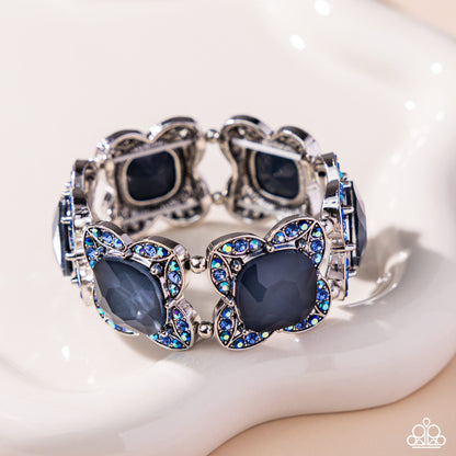 Bandwagon Beauty - Blue Iridescent Rhinestone Silver Stretchy Bracelet - Paparazzi Accessories