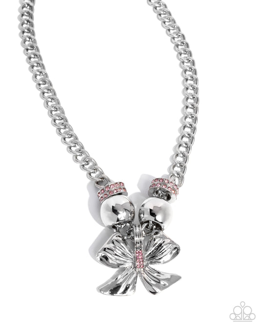 Big Deal Bow - Pink Rhinestone Silver Bow Necklace - Paparazzi Accessories