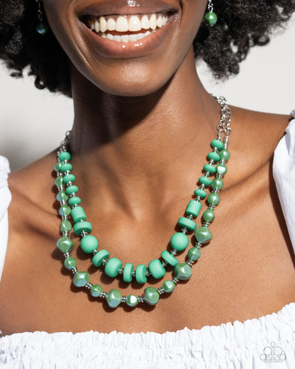Green Beaded Necklace & Stretchy Bracelet Complete Look