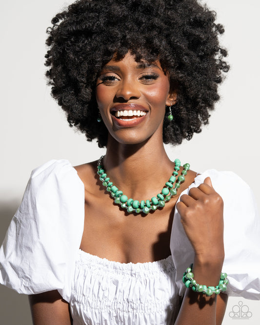 Green Beaded Necklace & Stretchy Bracelet Complete Look