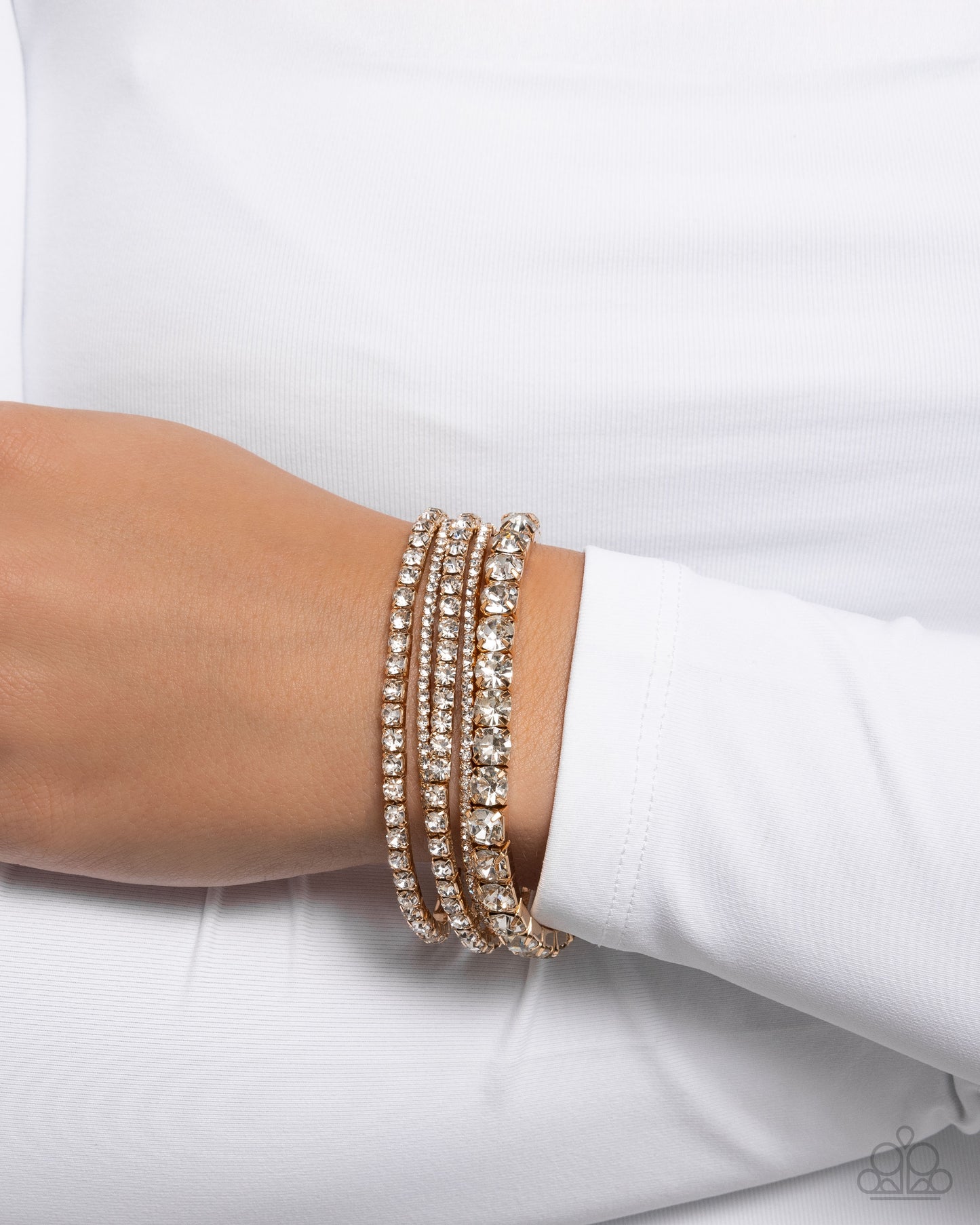 Persistent Pizzazz - Gold & White Rhinestone Stretchy Bracelets - Paparazzi Accessories