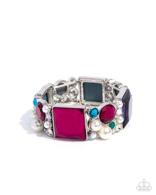 Glam to the Max - Multi Gem & White Pearl Silver Stretchy Bracelet - Paparazzi Accessories