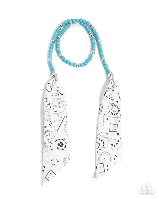 Bandana Ballad - Blue Stone Beads White Fabric Tie Closure Necklace - Paparazzi Accessories