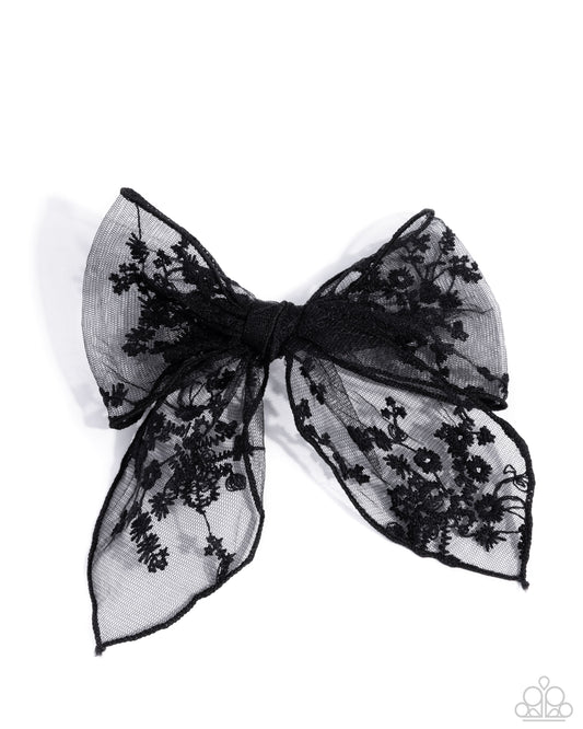 Catwalk Chic - Black Floral Lacy Ribbon Bow Hair Clip - Paparazzi Accessories