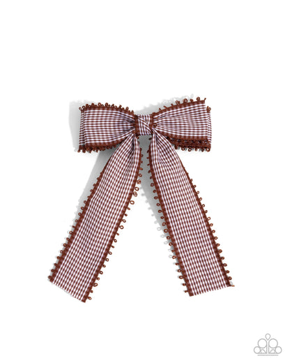 Checkered Chic - Brown Gingham Bow Hair Clip - Paparazzi Accessories