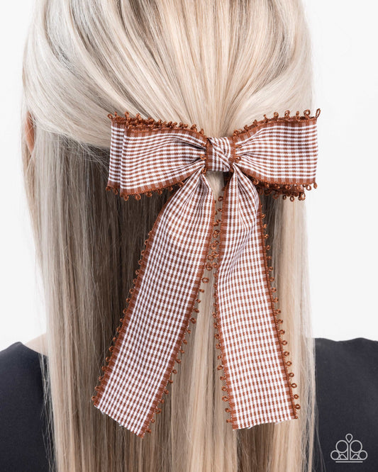 Checkered Chic - Brown Gingham Bow Hair Clip - Paparazzi Accessories