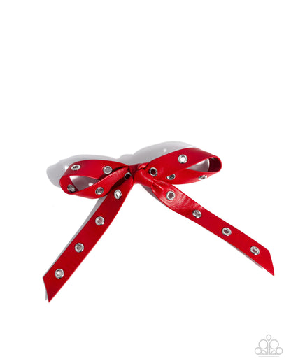Generous Grommets - Red Leather Silver Bow Hair Clip - Paparazzi Accessories