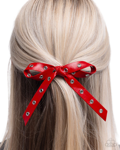 Generous Grommets - Red Leather Silver Bow Hair Clip - Paparazzi Accessories