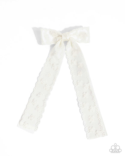 Carefree Coquette - White Lace Ribbon Bow Hair Clip - Paparazzi Accessories