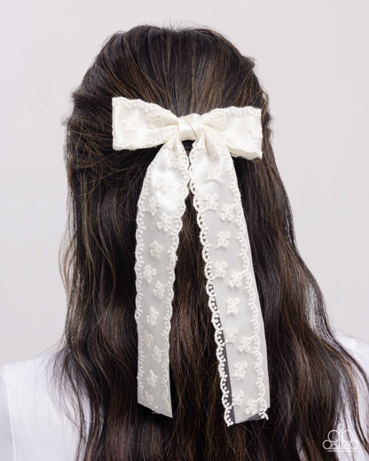 Carefree Coquette - White Lace Ribbon Bow Hair Clip - Paparazzi Accessories