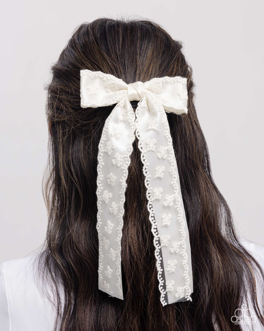 Carefree Coquette - White Lace Ribbon Bow Hair Clip - Paparazzi Accessories