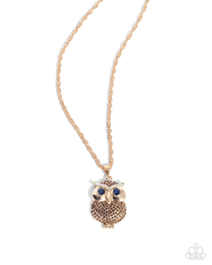 Opulent Owl - Brown Rhinestone Gold Pendant Necklace - Paparazzi Accessories
