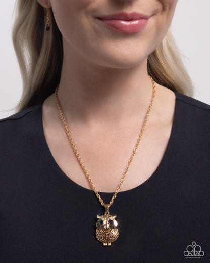 Opulent Owl - Brown Rhinestone Gold Pendant Necklace - Paparazzi Accessories