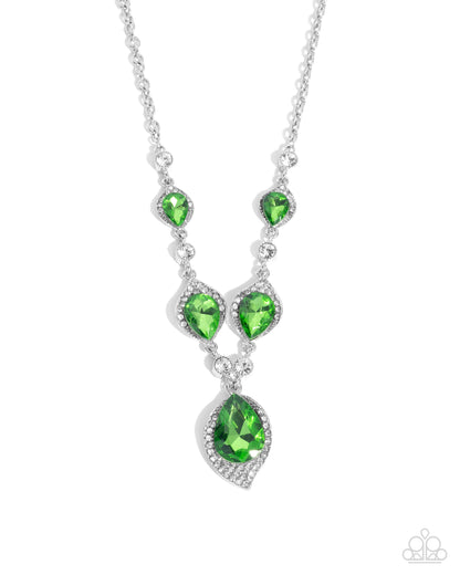 SPADES of Shimmer - Green Teardrop Gem Silver Necklace - Paparazzi Accessories