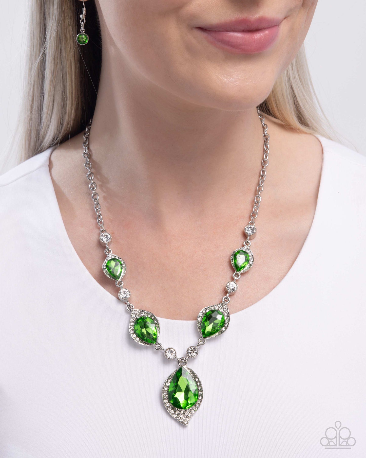 SPADES of Shimmer - Green Teardrop Gem Silver Necklace - Paparazzi Accessories
