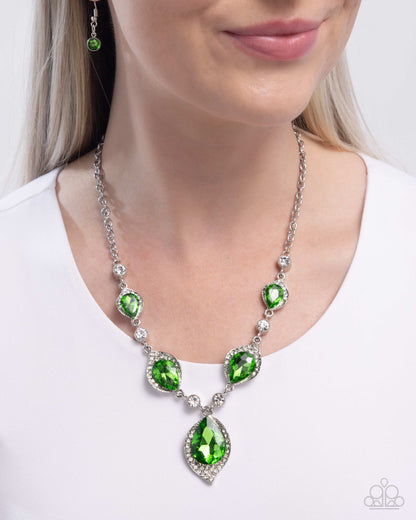 SPADES of Shimmer - Green Teardrop Gem Silver Necklace - Paparazzi Accessories