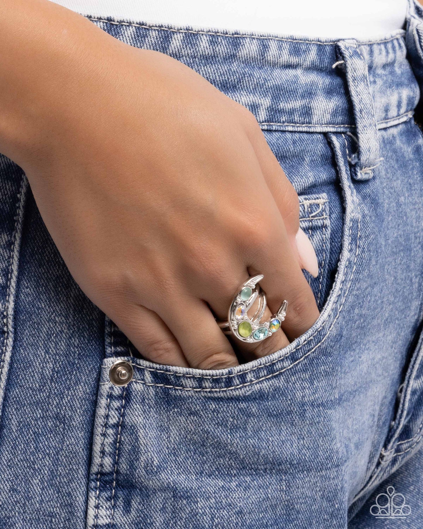 Lunar Leader - Green UV Shimmer Gem Silver Crescent Moon Ring - Paparazzi Accessories