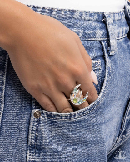 Lunar Leader - Green UV Shimmer Gem Silver Crescent Moon Ring - Paparazzi Accessories
