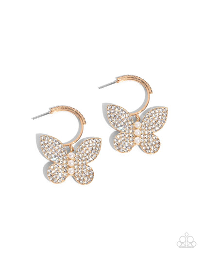 Butterfly Boundary - Gold Butterfly White Rhinestone & Pearl Hoop Earrings - Paparazzi Accessories