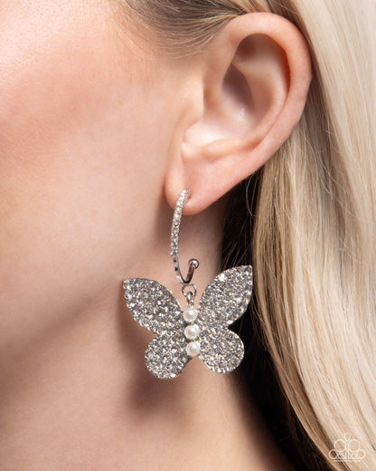Butterfly Boundary - White Rhinestone & Pearl Butterfly Earrings - Paparazzi Accessories