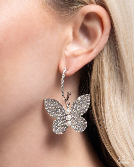 Butterfly Boundary - White Rhinestone & Pearl Butterfly Earrings - Paparazzi Accessories