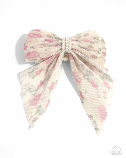 Everlasting Elegance - Pink Floral Pearl Bead Bow Hair Clip - Paparazzi Accessories