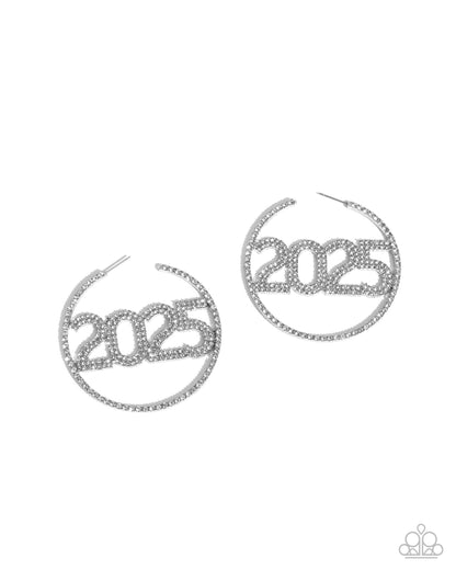 This is Gonna Be My Year - White Rhinestone "2025" Silver Hoop Earrings - Paparazzi Accessories