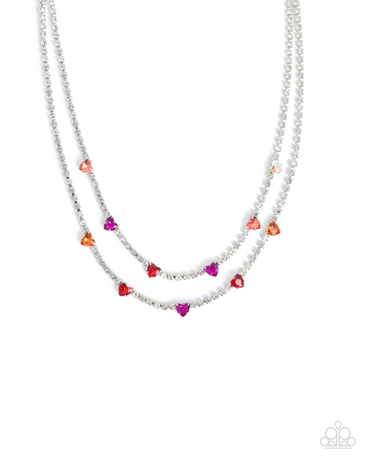 Courting Closeness - Red Iridescent Gem Hearts Silver Layered Necklace - Paparazzi Accessories