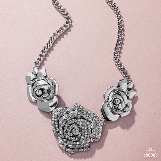 Bouquet Beacon - White Rhinestone Silver Rose Necklace - January 2025 Life of the Party Exclusive