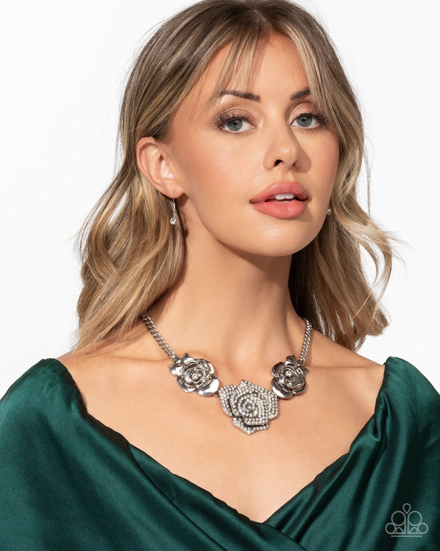 Bouquet Beacon - White Rhinestone Silver Rose Necklace - January 2025 Life of the Party Exclusive