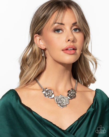 Bouquet Beacon - White Rhinestone Silver Rose Necklace - January 2025 Life of the Party Exclusive
