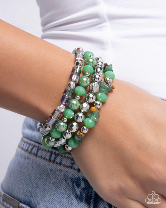 Supervisory Stack - Green Iridescent Beads, Jade & Tiger's Eye Stone Stretchy Bracelets - Paparazzi Accessories