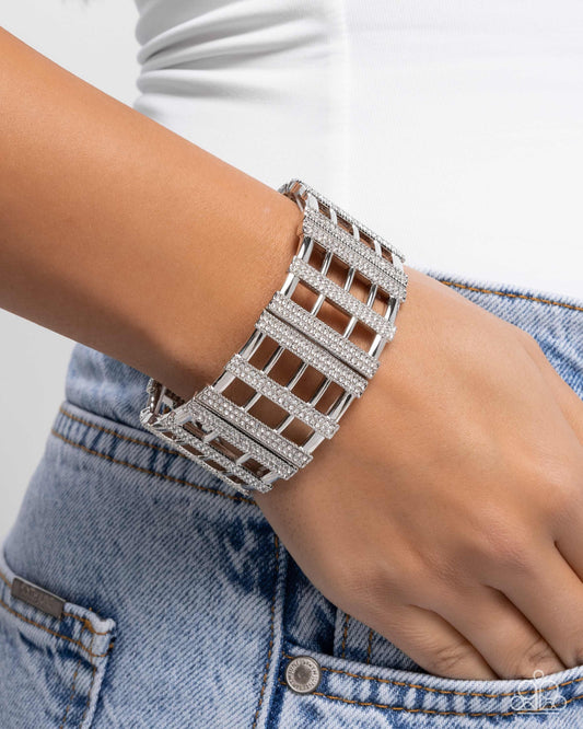 Vertical Vanity - White Rhinestone Silver Bars Stretchy Bracelet - Paparazzi Accessories