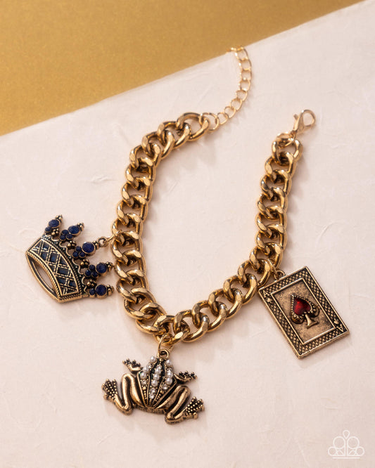 Casino Chic - Multi - Blue Gem Crown, Pearl Frog, Red Enamel Card Charm Gold Clasp Bracelet - Paparazzi Accessories