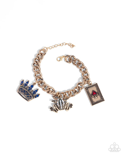 Casino Chic - Multi - Blue Gem Crown, Pearl Frog, Red Enamel Card Charm Gold Clasp Bracelet - Paparazzi Accessories