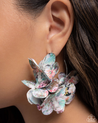 Whimsical Walk - Multi Fabric Petal Silver Hoop Earrings - Paparazzi Accessories