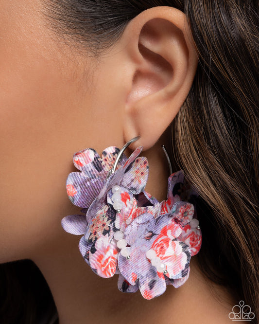 Whimsical Walk - Purple Fabric Petal Silver Hoop Earrings - Paparazzi Accessories