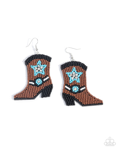 Beaded Boot - Brown, Blue & Black Seed Bead Boot Silver Fishhook Earrings - Paparazzi Accessories
