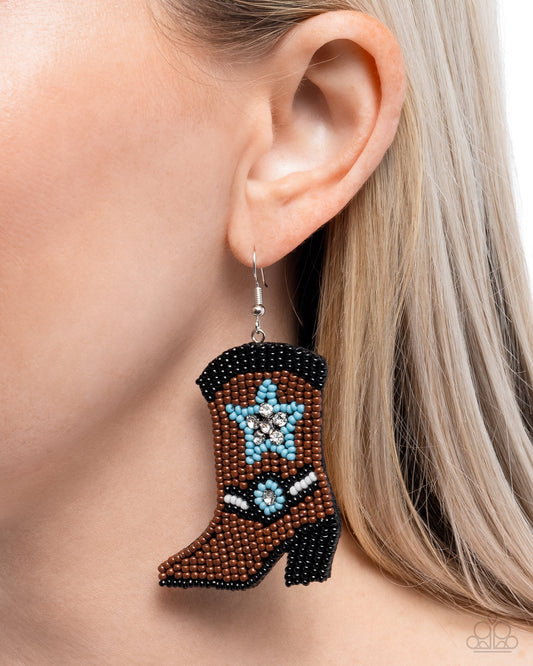 Beaded Boot - Brown, Blue & Black Seed Bead Boot Silver Fishhook Earrings - Paparazzi Accessories