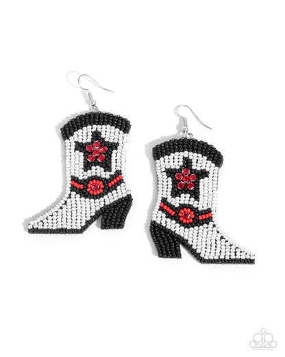 Beaded Boot - Multi Red, Black, White Seed Bead Cowboy Boot Fishhook Earrings - Paparazzi Accessories